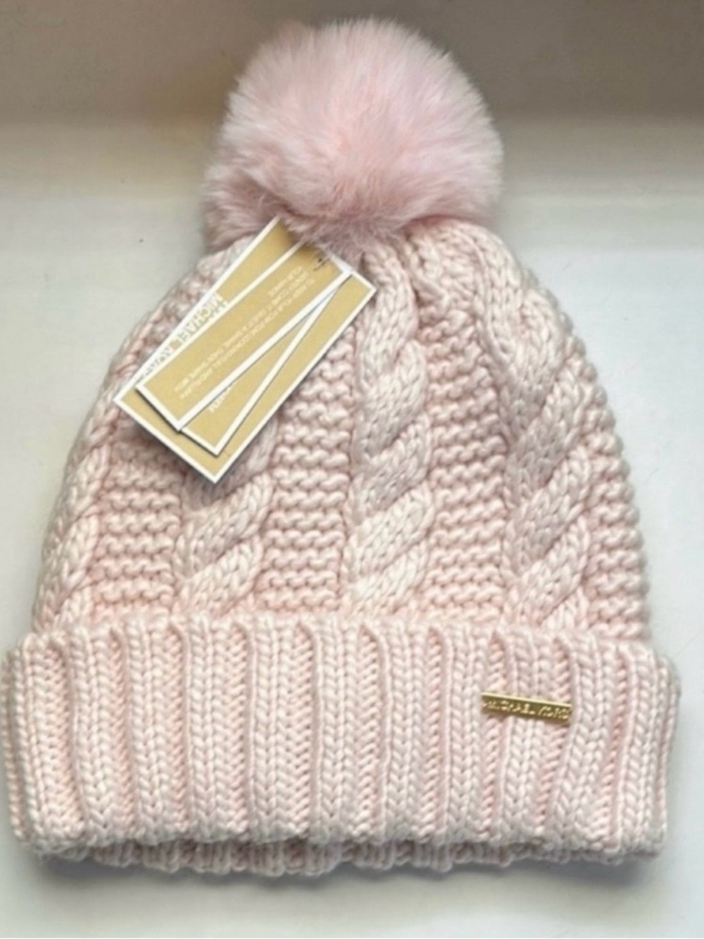 New Michael Kors Hat Women’s Pink Lined Cable Knit Cuffed Beanie Pom Hat Casual